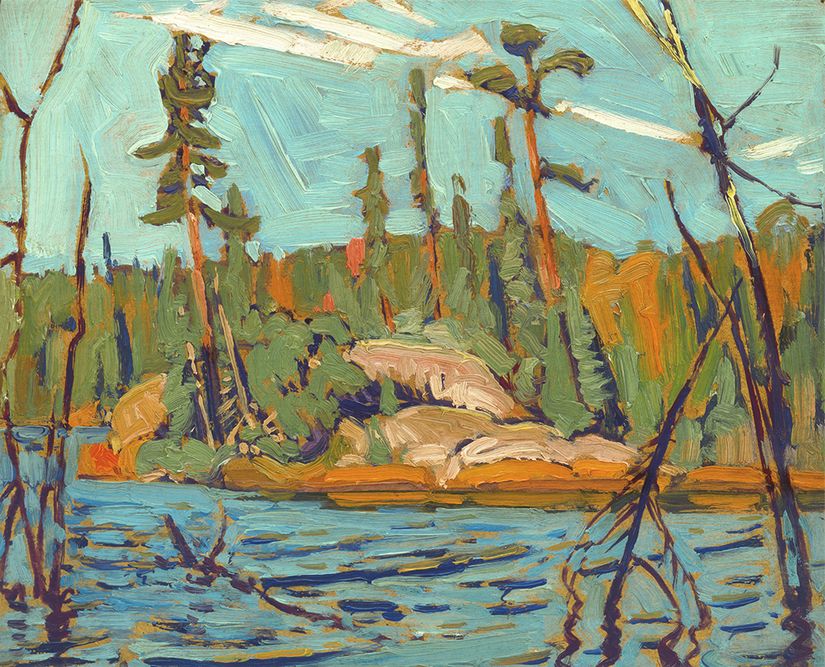 Oil painting of a forest with lake in foreground. Some dead trees in water.