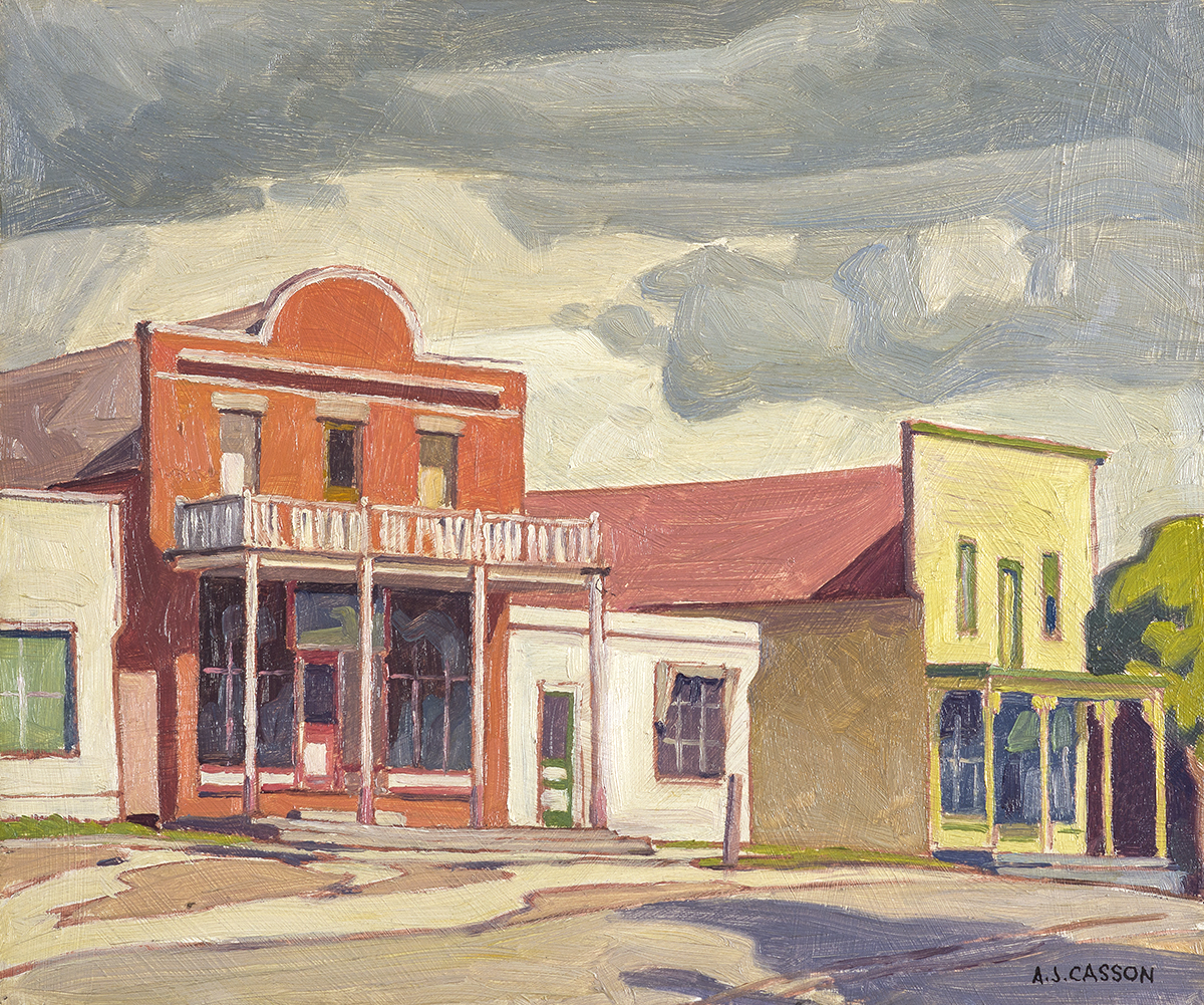 1966.16.124_WEB oil painting of buildings in a streetscape