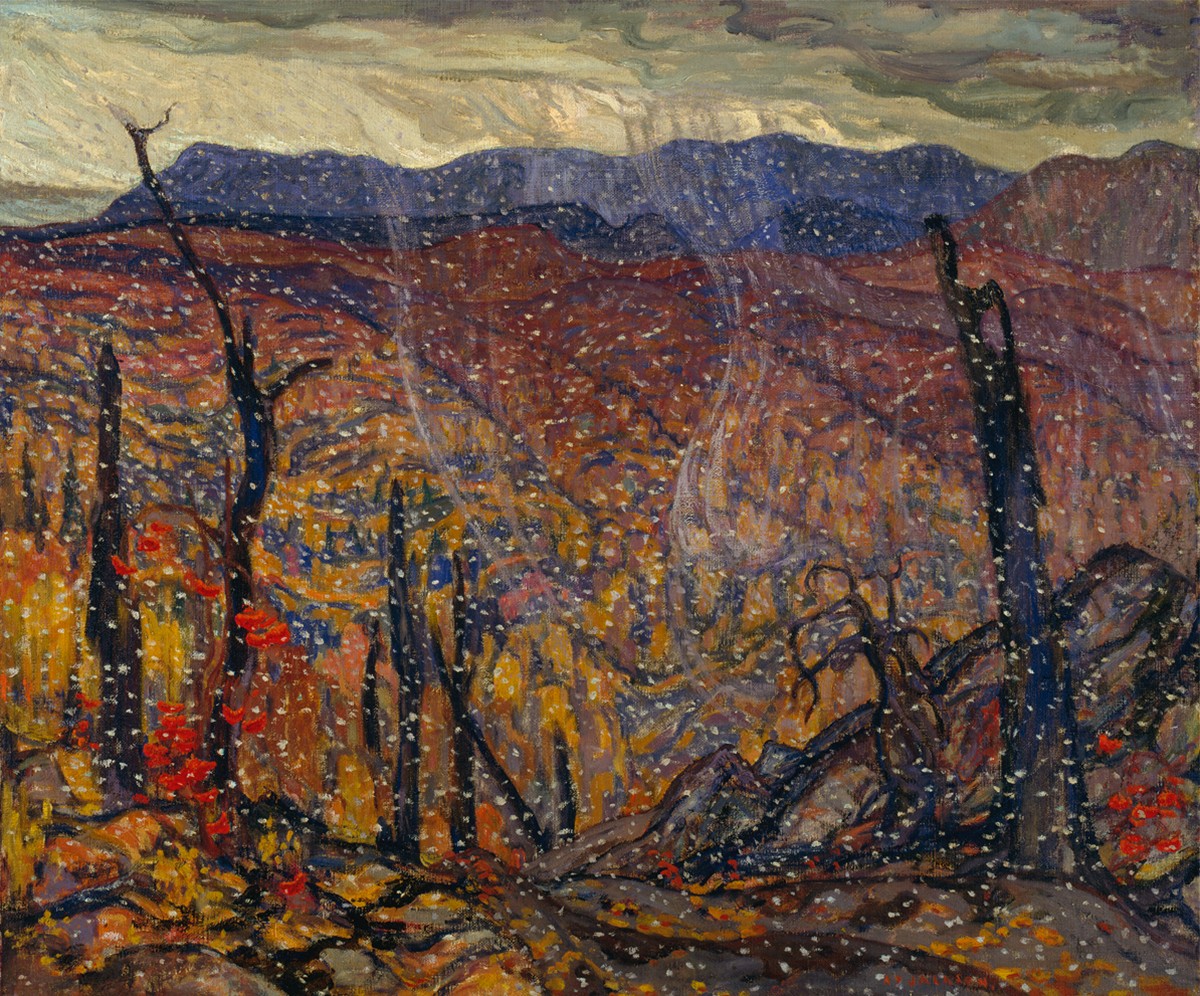 oil painting of wooded landscape with light snow falling