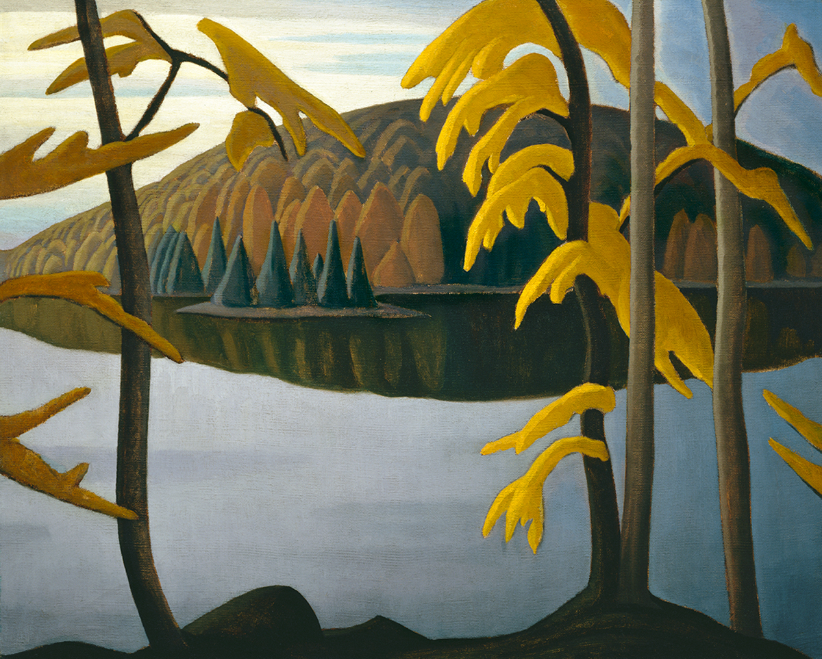 oil painting of a lake with trees in autumn foliage on either side in foreground and wooded hillside in background