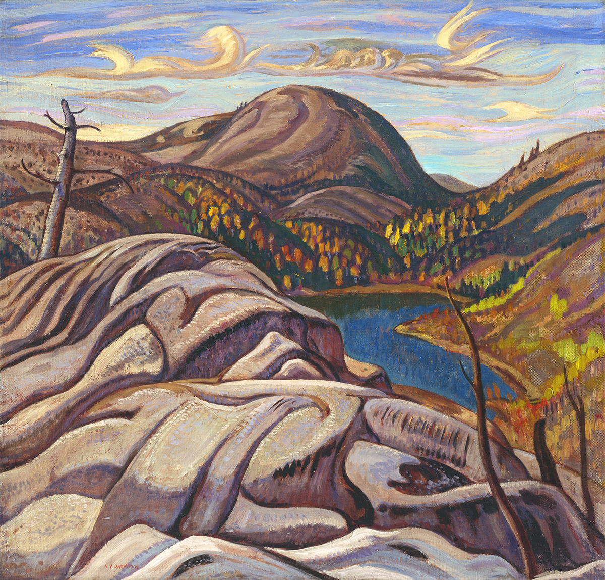 oil painting of rocky landscape with hills in background and blue water in centre