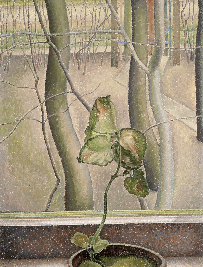 1969.2.4_WEB oil painting of young plant in a pot on windowsill with view of trees in snow outside
