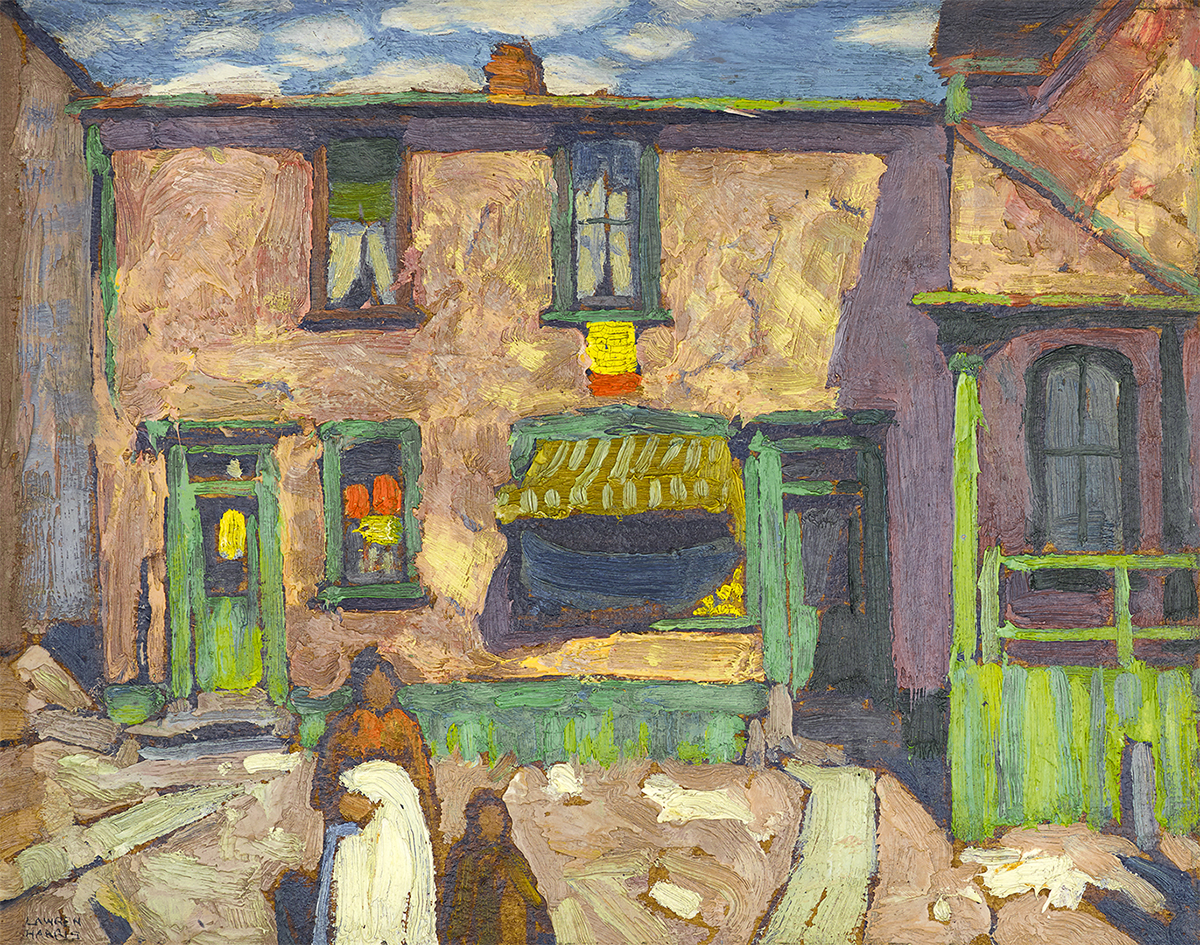 oil painting of building in sunshine with woman and child in foreground