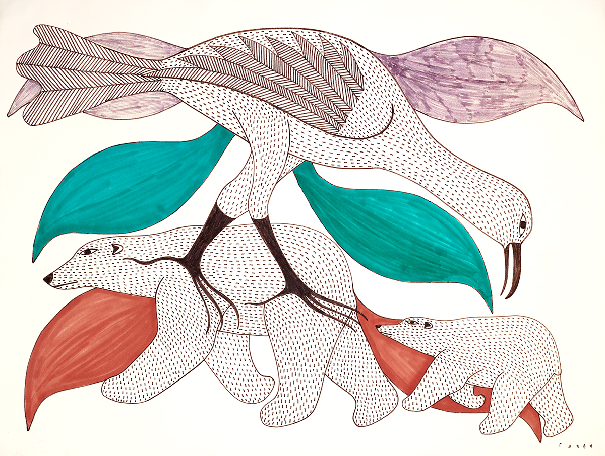 Drawing of a bird and two polar bears in black outline, with tiny black lines indicating fur and feathers. Behind images are three pairs of leaf-shaped motifs in purple, bright turquoise and pink.