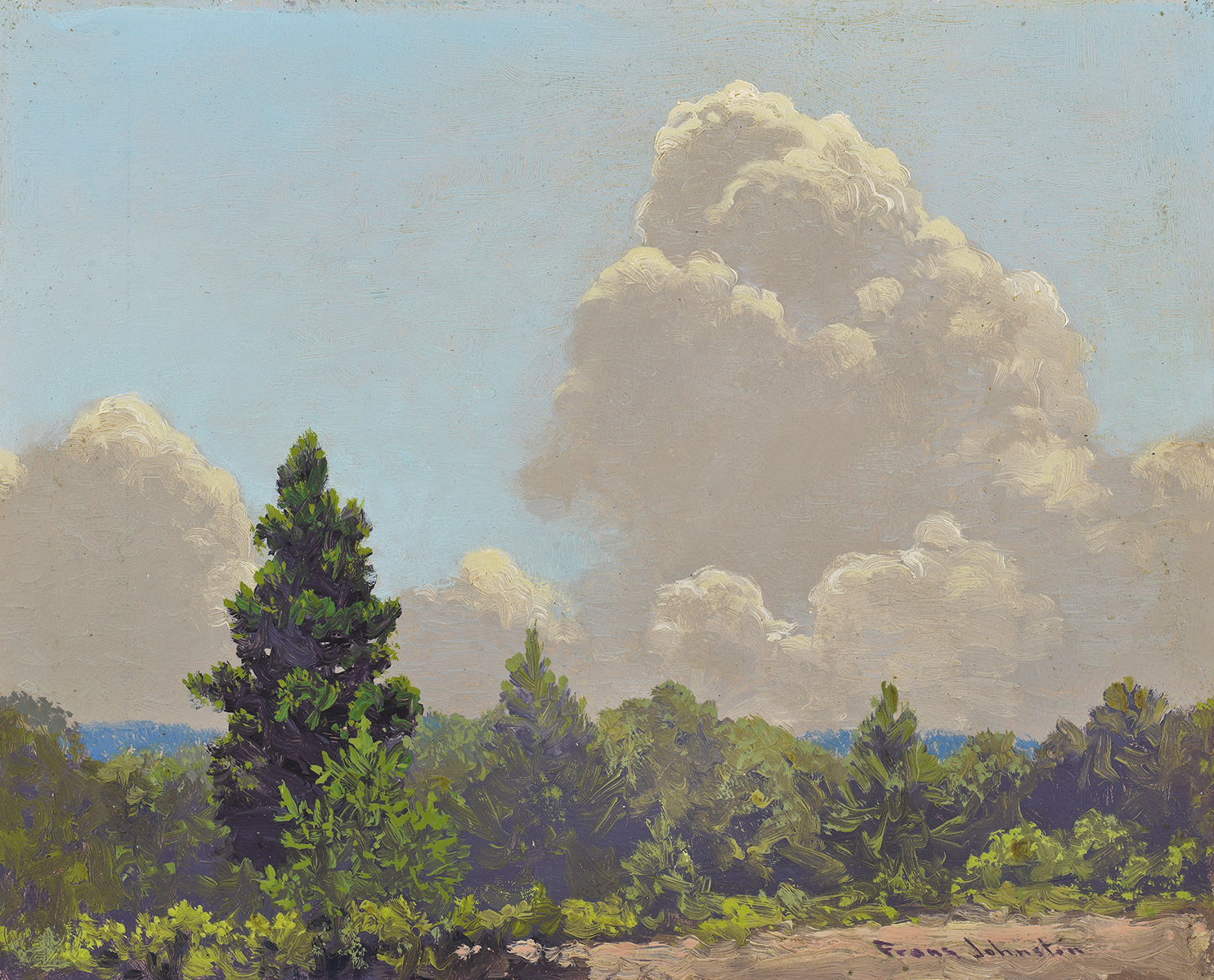 Oil painting of green trees with towering grey clouds in a blue sky.