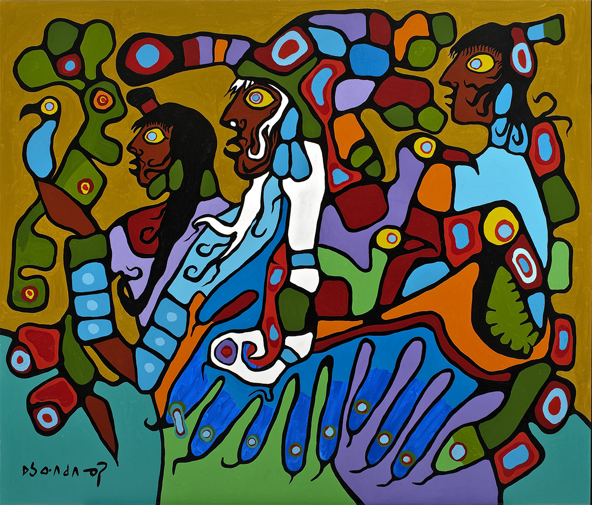 Stylized image of three people looking to the left. Images of birds and reptiles are apparent. The whole is brightly coloured in blues, greens, purples, oranges, reds and browns and some white within outlines of black.