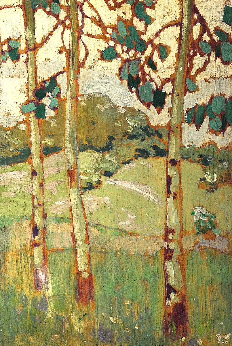 Oil painting of three trees in hilly grassland with woodland in background.