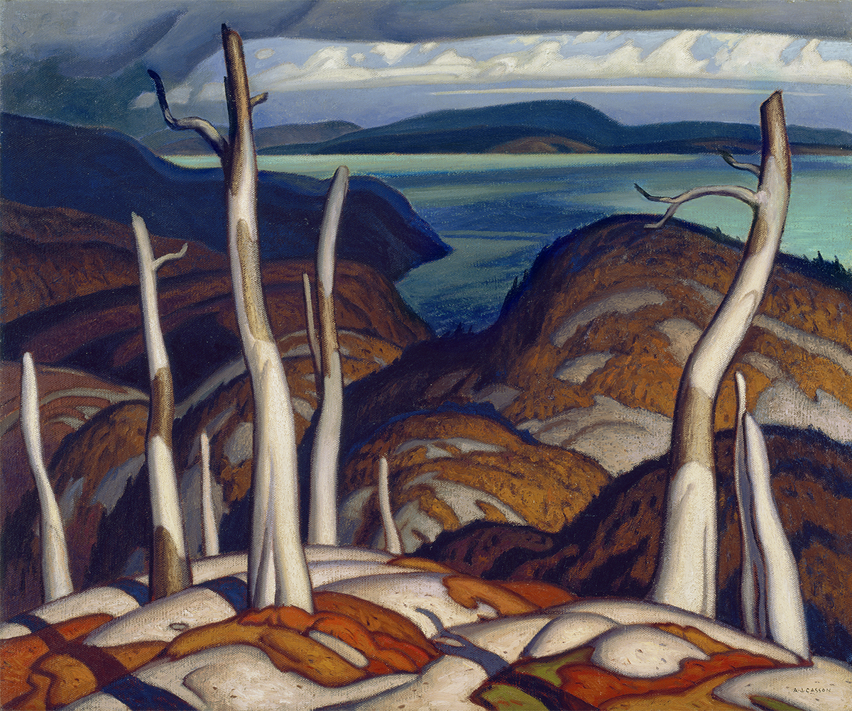 oil painting of dead trees on rocks with body of water in middleground and hills in background