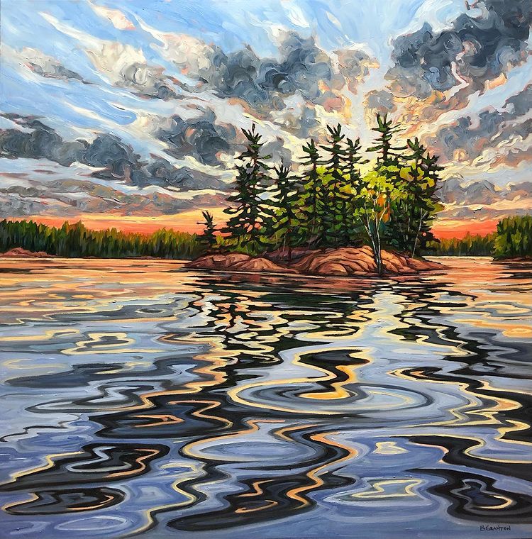 Brigitte-Granton—Keep-the-Light-On Painting of sunset on a lake, group of trees masking the sun