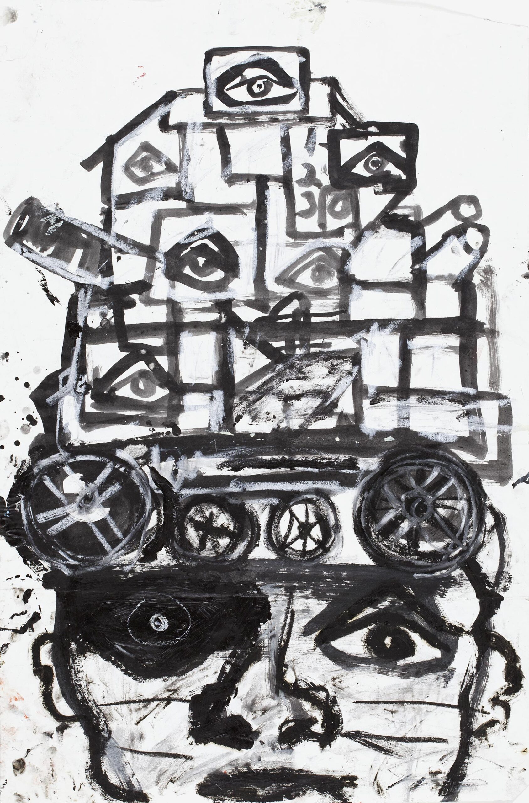 1997.63.21_WEB Abstract painting of a tank superimposed on top of a person's head