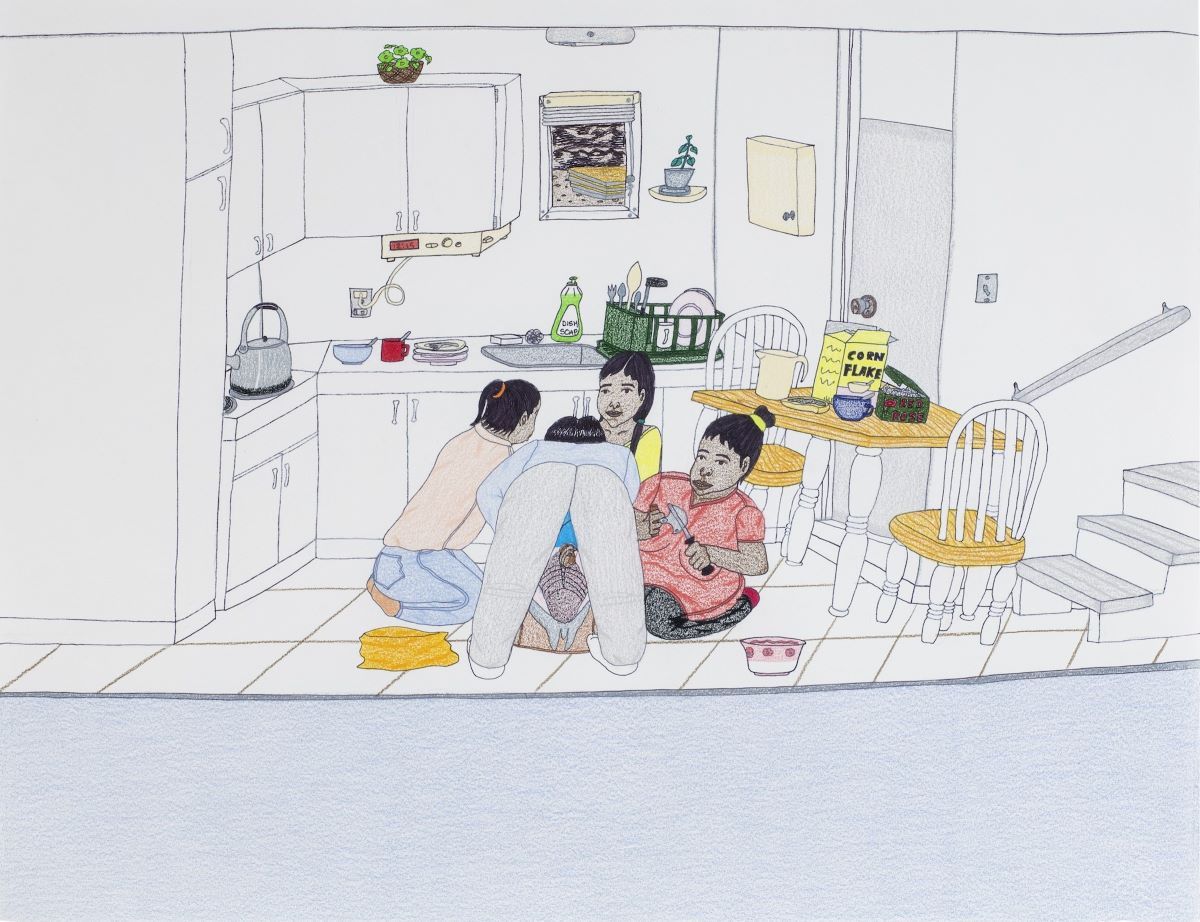 Annie Pootoogook – Family in Kitchen Coloured pencil on paper