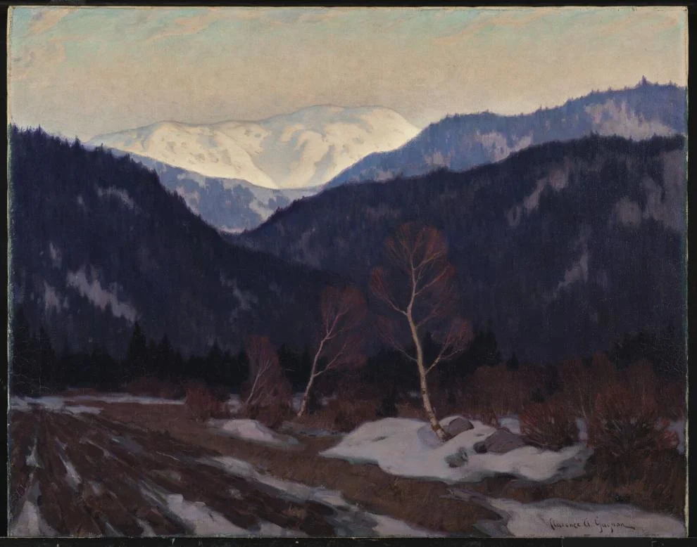 Clarence Gagnon Early Spring Morning in the Laurentian Wilds Impressionist painting with road and multiple layers of mountains in the background