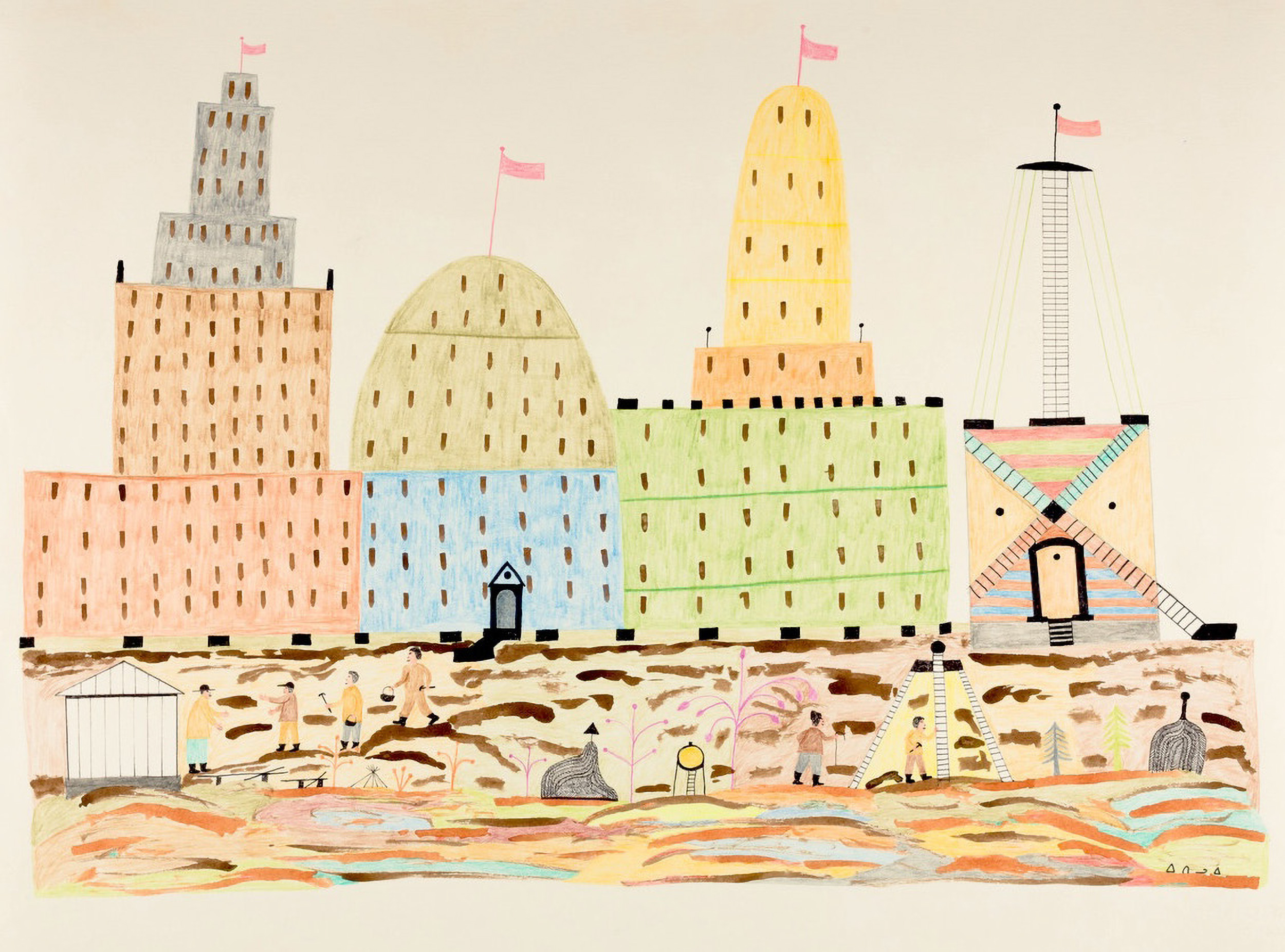 highrises in skyline on coloured pencil, felt-tip pen, acrylic paints on paper