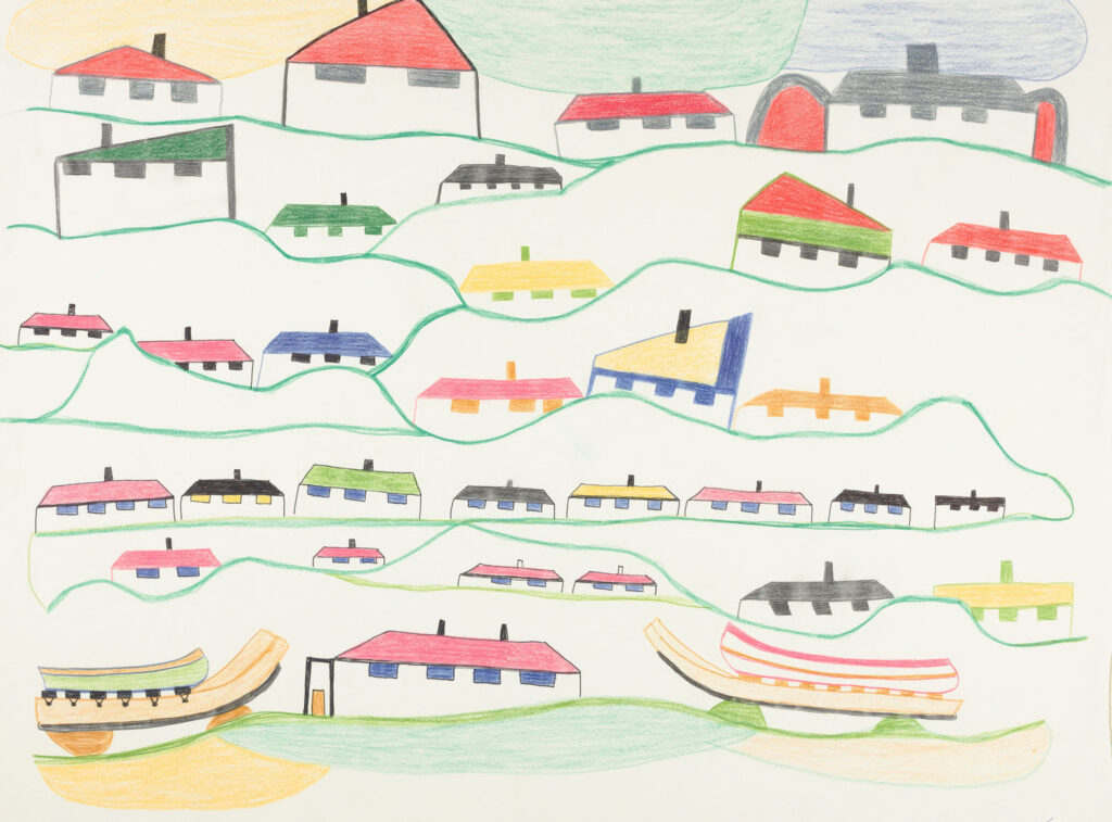 MCAC–Kinngait-Drawings-Prospectus-3 busy traffic on city streets in graphite, coloured pencil and felt-tip pen on paper