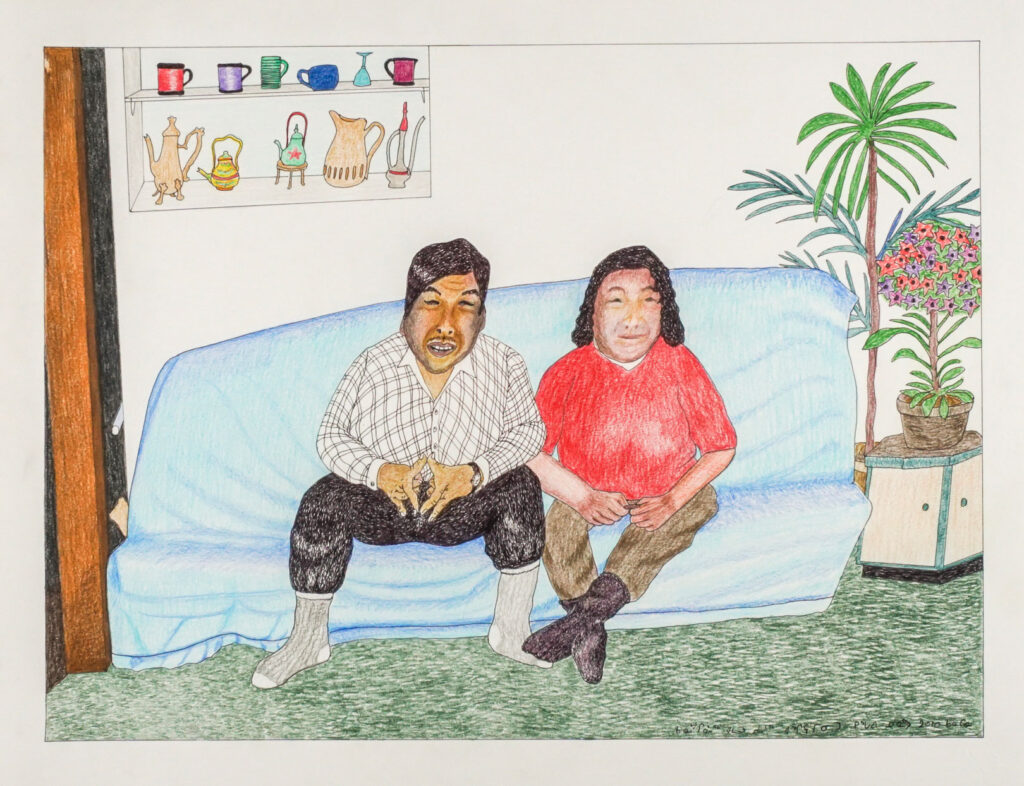 CPJ-0184_WEB Kananginak and his wife Shooyoo in their home, ink and coloured pencil on paper