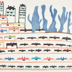 busy city in coloured pencil and felt-tip pen on paper