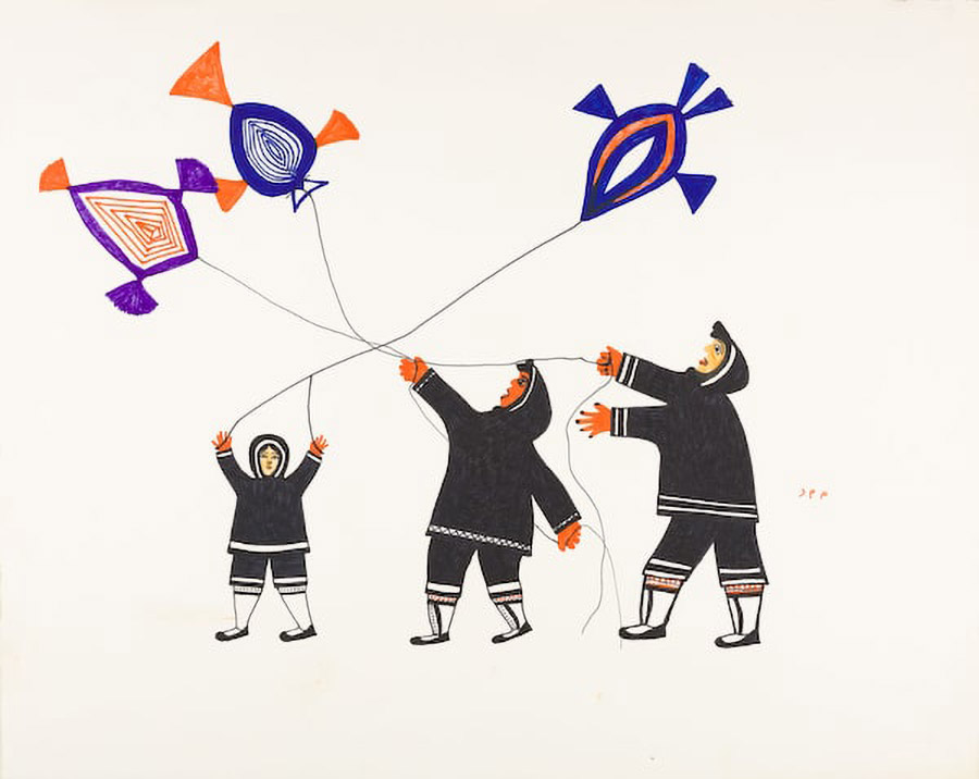GAM-Kinngait-Drawings-image001 3 people flying kites in felt-tip pen on paper