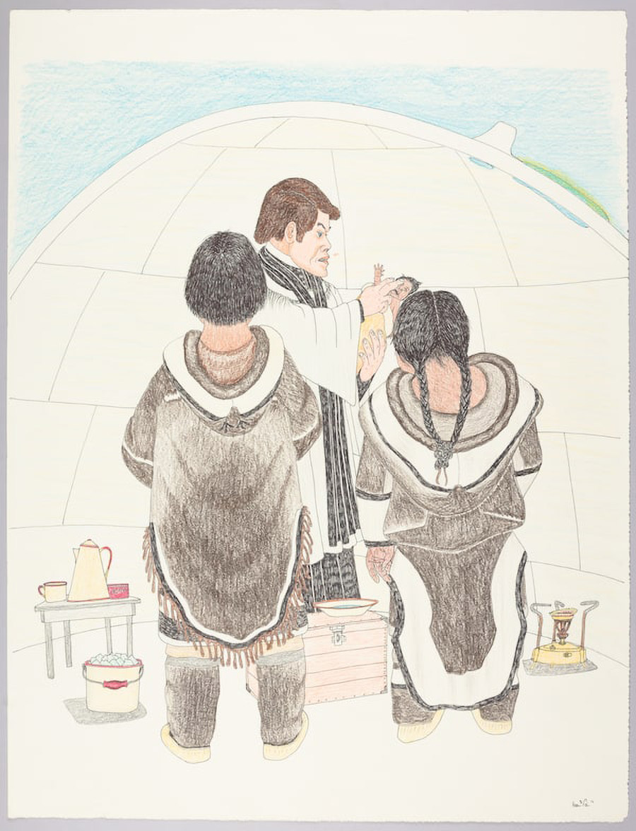 GAM-Kinngait-Drawings-image003 3 people attending ceremony in graphite, coloured pencil, felt-tip pen on paper