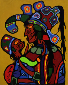 7PNIAI colourful painting of person in profile wearing elaborate headdress, holding a child