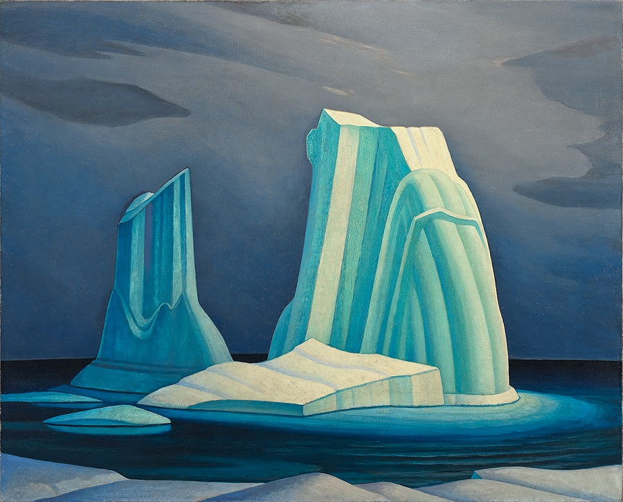 oil painting of towering blue striped icebergs in an abstract style