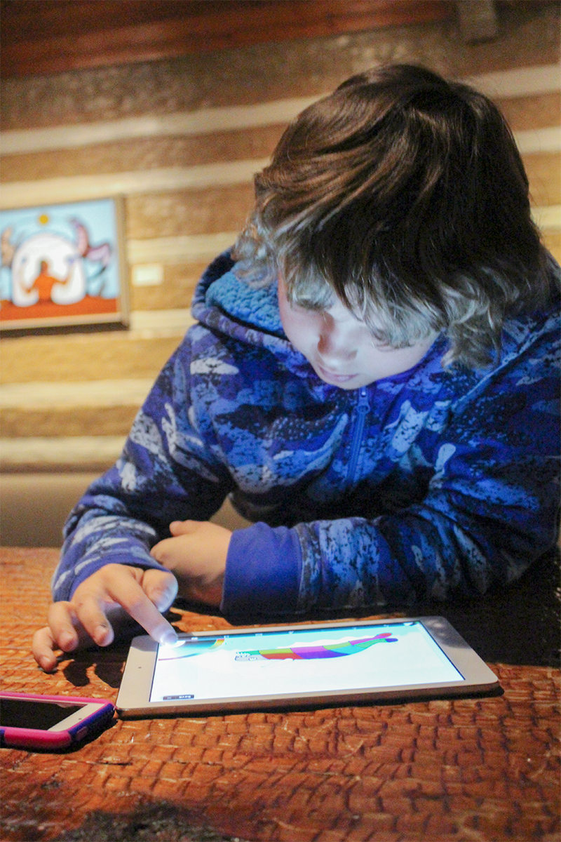 iPad workshops for kids photograph of a child wearing a blue jacket. The child is at a table using an ipad