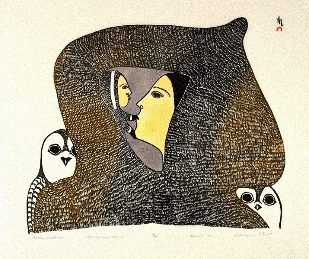 Kinngait – highlights from the collection picture of a grey textured shape with profiles of two people in centre and two owls peeking out from either side of it