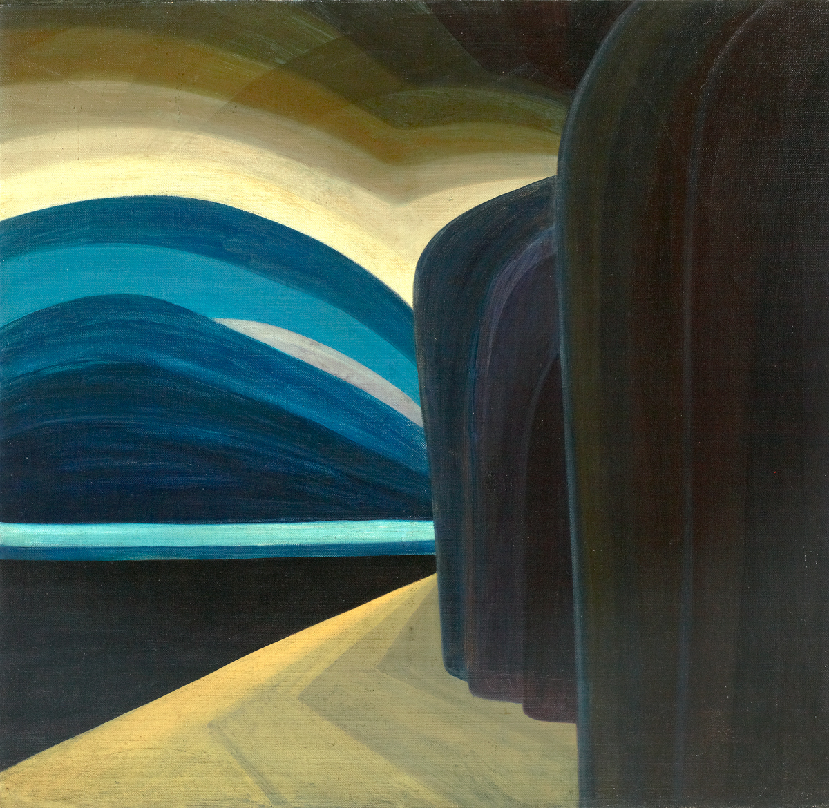 Oil painting in an abstract style depicting towering round topped cliffs in the right half of the painting in shades of deep blues and black. A angular sandy beach at the foot of the cliffs completes the bottom of the painting. Water in a triangle in shades of darkest blue to light blue at the left of the painting. Rounded shapes in bands of blues, cream, grey and greens above the water and to the left of the cliffs.