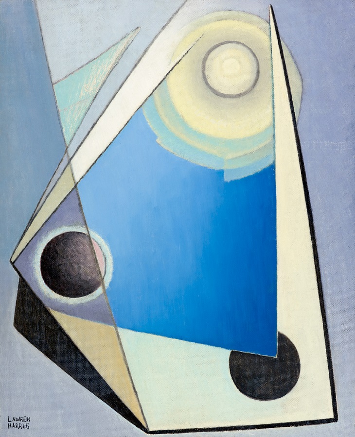 oil painting in an abstract style of triangles and circles in shades of blue, black and white