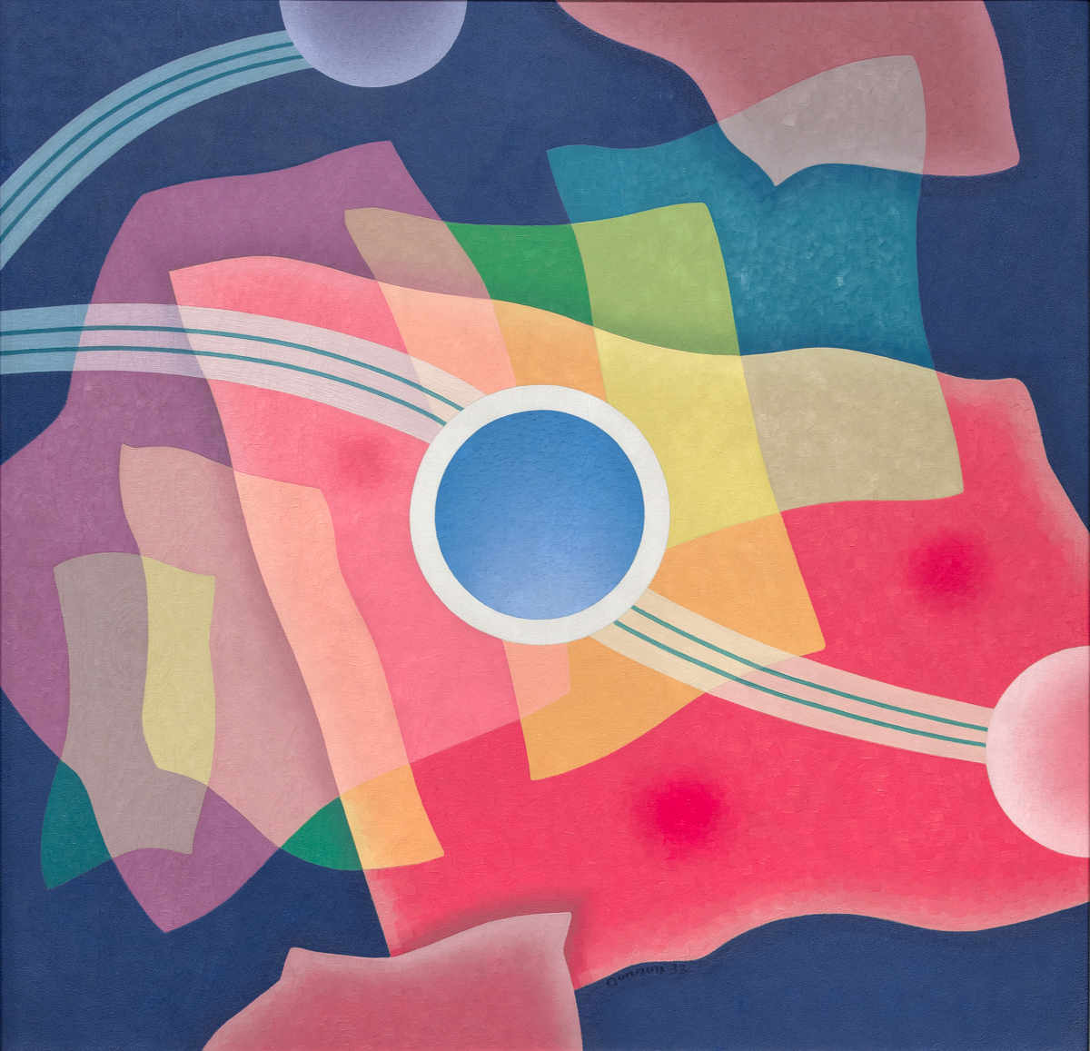 Oil painting in abstract style. Purple background with pastel coloured angular shapes in layers on top of background colour. White circle with blue interior in centre of painting linked to two half circles in pastel pink (lower right edge) and violet (centre left top edge). Circles are linked by white and blue lines.