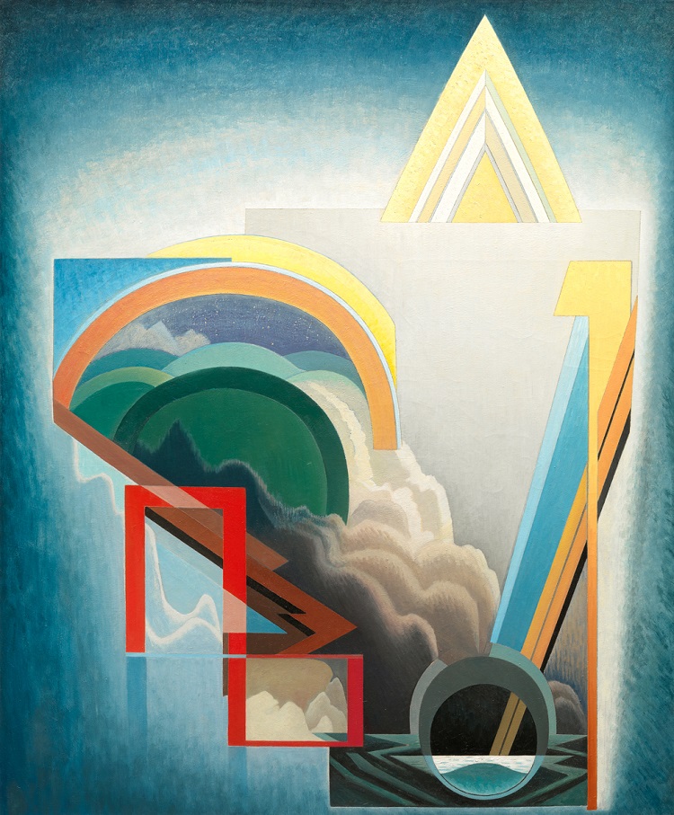 oil painting in an abstract style of red, yellow, blue, green and white geometric shapes layered together with