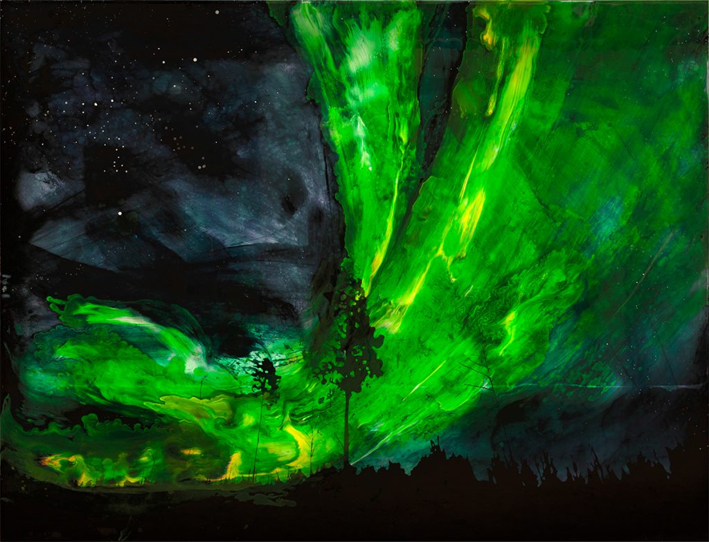 Painting depicting night sky with green northern lights and a tree in centre.