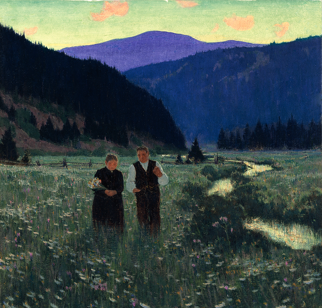 Maria Chapdelaine painting of a man and a woman walking in a flower meadow beside a stream. Hills in background. The woman is holding a bunch of white flowers.