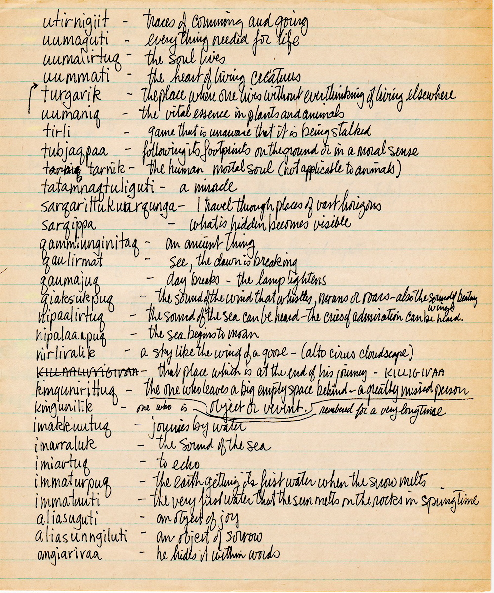 Research-notes-from-Hallendy-Archives.NH2015_1200px handwritten page of Inuktitut words with English translations