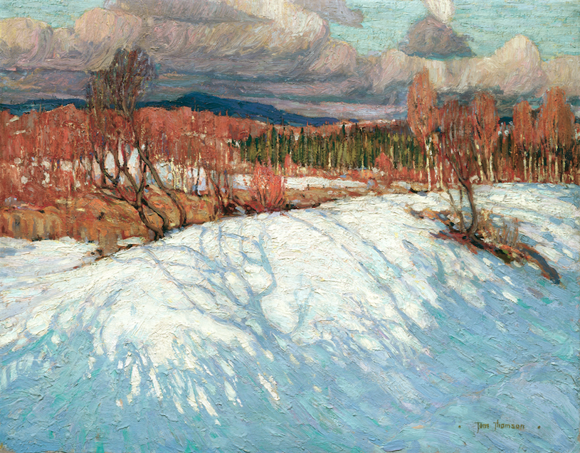 Painting in oil of a winter scene. Snow in foreground with shadows of unseen trees. Deciduous and some evergreen trees in middle section with mountains in the distance below a cloudy sky.