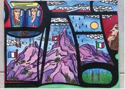 painting of mountain with flags and three faces