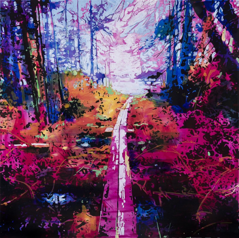 painting of a pathway through woods in bright palette of pink, orange and blue